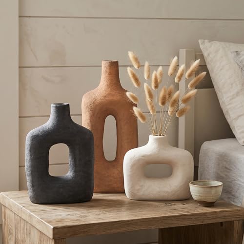 DREAMLOOM Ceramic Vase Set of 3, Black, Rust | Square Cutout, Farmhouse Rustic, Wabi-Sabi, Home Decor, Living Room Bedroom Kitchen Shelf Centerpiece - color: Rust Red Combo - Hollow Design