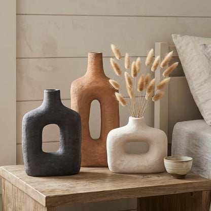 DREAMLOOM Ceramic Vase Set of 3, Black, Rust | Square Cutout, Farmhouse Rustic, Wabi-Sabi, Home Decor, Living Room Bedroom Kitchen Shelf Centerpiece - color: Rust Red Combo - Hollow Design