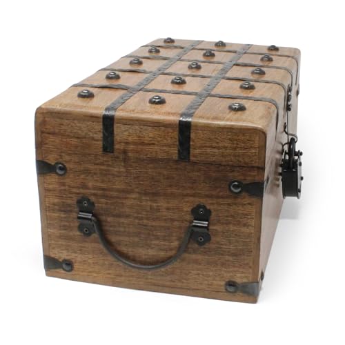 Treasure Chest Wooden Box with Antique Iron Lock and Skeleton Key (Large 14.5x8x6.75) - Storage and Decor – Pirate Wooden Treasure Chest, Decorative Box with Hinged Lid, - size: Large 14.5 x 9 x 5.75"