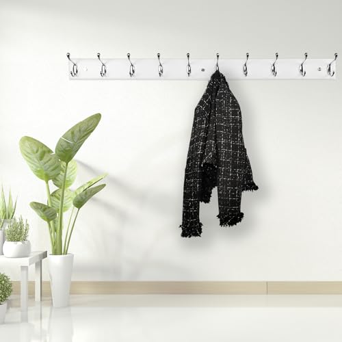37 Inch Long Wooden Wall Mounted Coat Rack with 10 Silver Chrome Hooks for Entryway and Bedroom to Hang Coats, Hats - Heavy Duty Hooks School Bag - size: Long-37.4in(95cm),10 Silver Hooks, style: Modern