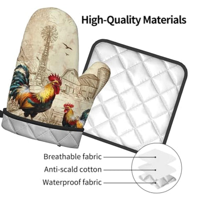 Farm Rooster Oven Mitts and Pot Holder Set of 2 Rustic Chicken Kitchen Potholders Heat Resistant Oven Glove for Baking Cooking Grilling BBQ - color: Farm Rooster