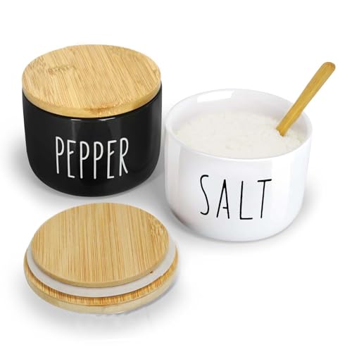 Farmhouse Salt And Pepper Containers,12 oz Salt Containers For Countertop,Stacked Ceramic Cellar With Bamboo Lid, Spice Box With Spoon,Seasoning Holder with lid,Ceramic Bowls (B&W)
