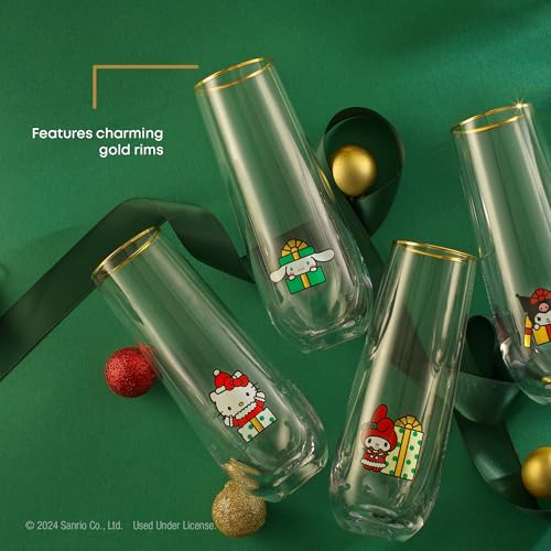 JoyJolt Hello Kitty and Friends Holiday Stemless Flutes, 9.5oz Drinking Glasses Set of 4, Kawaii Sanrio Hello Kitty Kitchen Glass Set Ideal for Water Juice Smoothies, Skinny Tall Glasses - style: Hello Kitty and Friends