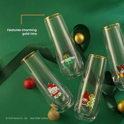 JoyJolt Hello Kitty and Friends Holiday Stemless Flutes, 9.5oz Drinking Glasses Set of 4, Kawaii Sanrio Hello Kitty Kitchen Glass Set Ideal for Water Juice Smoothies, Skinny Tall Glasses - style: Hello Kitty and Friends