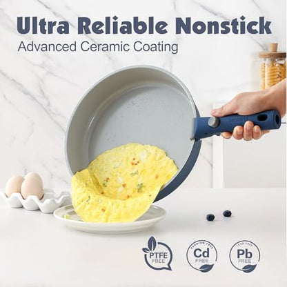 SENSARTE 24 Piece Ceramic Detachable Handle Pots and Pans Set Navy | Ceramic Cookware Set, Induction Cookware Set with Removable Handle, Healthy Non Stick for RV, Dishwasher ＆ Oven Safe - color: Navy, size: 24 Piece