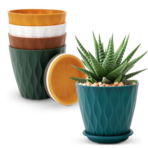 YNNICO 4 inch Plant Pots, 5 Pack Flower Pots Outdoor Indoor, Planters with Drainage Holes and Tray Saucers (Multicolor) - color: Multicolor, size: 4 inch