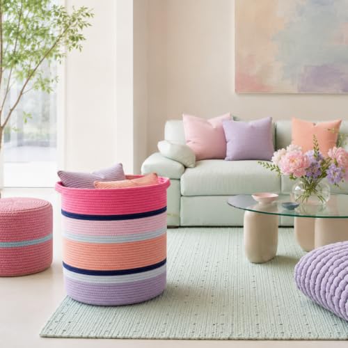 Pink Large Blanket Basket with Handles, 56 L Woven Rope Toy Basket, Foldable Storage Bin for Blankets, Toys & Laundry, stuffy storage for Bedroom & Playroom&Living room (15.7"D * 17.7"H) - size: 15.7"D * 17.7"H