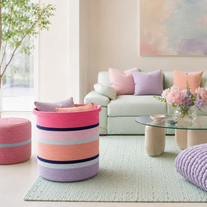Pink Large Blanket Basket with Handles, 56 L Woven Rope Toy Basket, Foldable Storage Bin for Blankets, Toys & Laundry, stuffy storage for Bedroom & Playroom&Living room (15.7"D * 17.7"H) - size: 15.7"D * 17.7"H