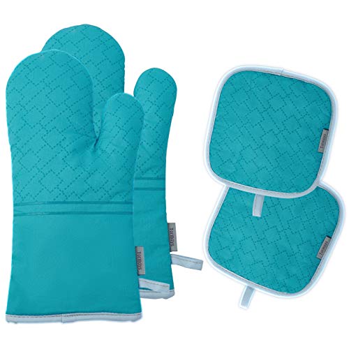 4Pcs Oven Mitts and Pot Holders Set, 572F Heat Resistant Oven Glove, Soft Cotton Lining with Non-Slip Surface for Kitchen Baking BBQ (Turquoise) - color: Turquoise