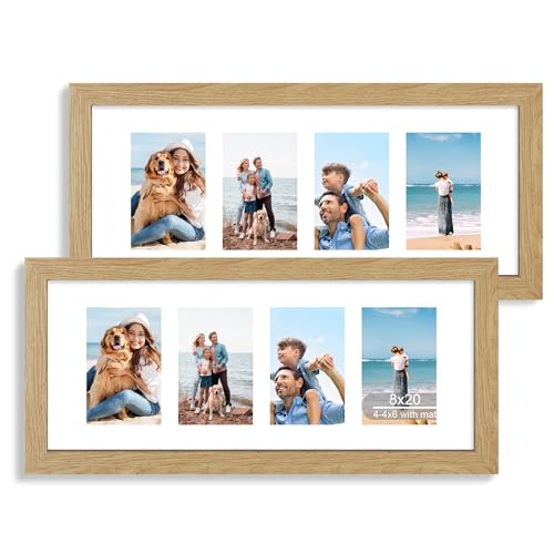 Hongkee 8x20 Picture Frame Set of 2, Natural Oak Wood Frame with Tempered Glass Collage Frame, Display Pictures Four 4x6 With Mat or 8 x 20 Without Mat - Horizontal or Vertical Wall Mounting - color: Natural Oak, size: 8x20 in matted to 4-4x6