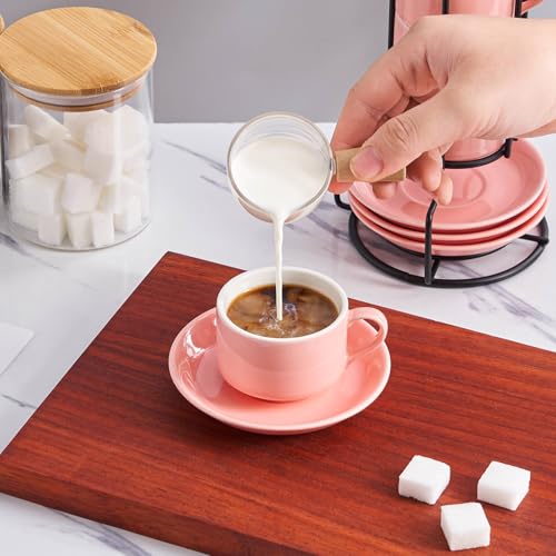 YOLIFE 2.5oz Espresso Cups Set of 4, Porcelain Stackable Espresso Cups, Expresso Shots Cup Set with Saucers and Metal Stand-Pink - color: Pink, size: 2.5oz