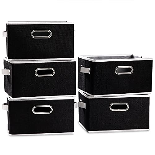 Fodable Storage Baskets for Closet [5-pack] Decorative Fabric Storage Bins Cubes with Leather/Metal Handles for Shelves Bedroom Living Room Black (11.5x8.5x6.7 Inch) - color: Black, size: Medium(5-Pack)