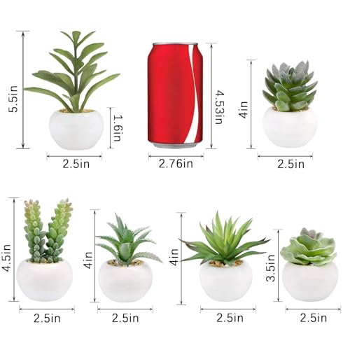 GREENTIME 6 Pcs Artificial Succulents in Ceramic Pots Small Fake Plants | Mini Faux Succulents Zero Maintenance for Indoor Bathroom Office Desk Bedroom Living Room Table Shelf Kitchen Windowsill - color: Green-white Round Pot
