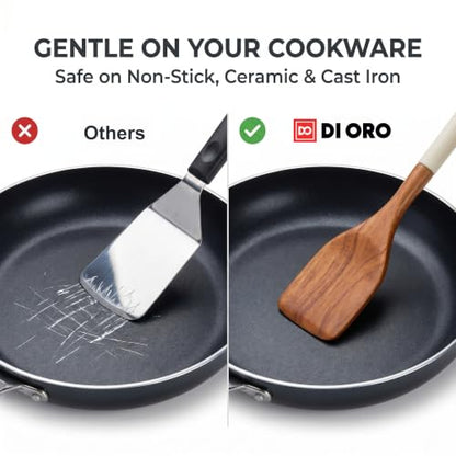 DI ORO Wooden Kitchen Utensil Set - 5-Piece Wooden Spoon & Spatula Set - Nonstick Cookware Safe Teak Wood Cooking Utensils - Heat-Resistant Kitchen Utensils Set with Silicone Handles (Cream) - color: Cream