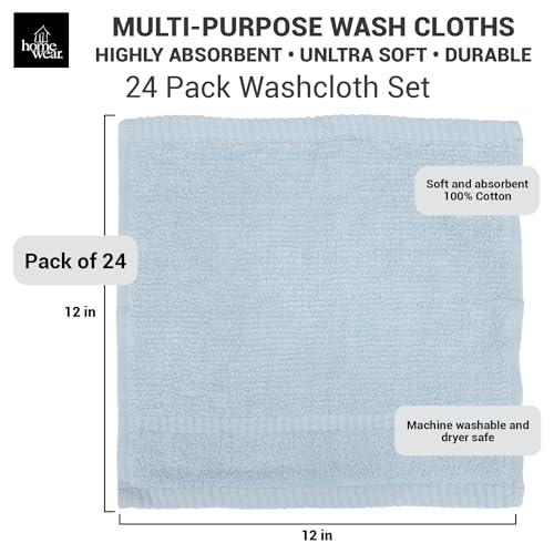 Washcloths Set - 100% Cotton, Pack of 24, 12 x 12 inch, Premium Quality, Flannel Face Cloths, Highly Absorbent and Soft Feel Fingertip Towels- Blue