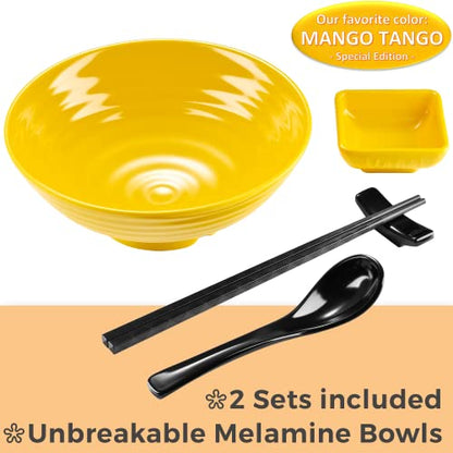 Unbreakable Ramen Bowl Set with Chopsticks and Spoon: 2 large Japanese Style Melamine Ramen Bowls, Dipping Bowls and Chopstick Stands for Asian Pho Soup Thai Miso Udon Wonton (2 Bowl Set, Yellow) - color: Yellow, size: 2 Bowl Set