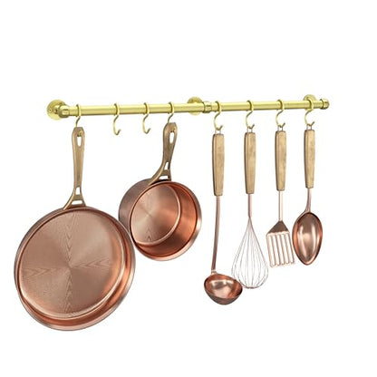 ROTHLEY Stainless Steel Hanging Pot Rack Hanger: 23.7 Inch Brass Pot and Pan Hanger Wall Mounted Hanging Pot Bar Rack Heavy Duty Pot Hangers Kitchen Rail with 8 S Hooks - color: Brass, size: 23.7 inch