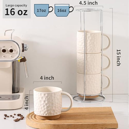 Nihow 16 OZ Ceramic Coffee Mug with Stackable Stand,Set of 4,White | Stackable, Stainless Stand Included, Cappuccino & Tea, Hot/Cold Drinks, Dishwasher & Microwave Safe - color: Matte White, size: 16 oz With Stand
