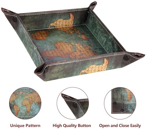Valet Tray Desktop Storage Organizer, Vegan Leather Catchall Bedside Vanity Tray Nightstand Caddy Holder for Remote Controller, Watch, Keys, Phone, Wallet, Sunglasses, Jewelry - Map - color: Map Design