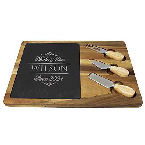 My Personal Memories Premium Personalized Acacia and Slate Cheese and Charcuterie Serving Board with Tools Included (Rectangle Couples 10" x 14") - style: Rectangle Couples 10" x 14"
