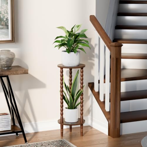 30" Tall Plant Stand Indoor, Round Rubber Wood Corner Plant Shelf Holder | Easy to Assembly, Minimalist Style, Unrestricted Flat Round Shelves, For Display Plants, Photos & Decor, Living Room, Bedroom