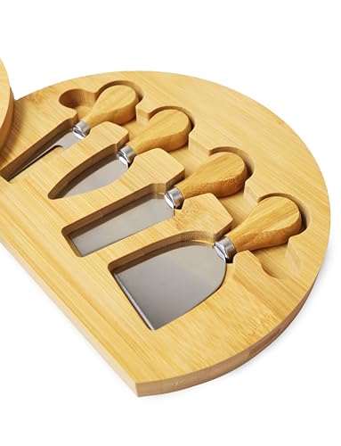 Bamboo Round Cheese Board and 4 Knives Set with Slide-Out Cutlery Drawer | Charcuterie Boards Set - House Warming Gifts New Home, Wedding Gifts for Couple, Bridal Shower Gifts - style: Round Cheese Board Set