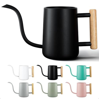 Metal Small Indoor Watering Can with Long Spout & Real Wood Handle, 35oz | Long Spout, Stainless Steel, Real Wood Handle, Gentle Flow, No Spills, Suitable for House Plants, Succulents & Seedlings - color: Black