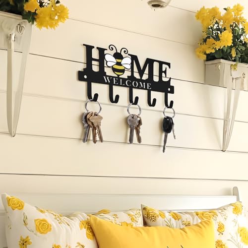 Key Holder Wall Mount Bee Metal Key Hooks Organizer Hanger Coat Rack with 5 Hooks Rustic Farmhouse Decorative Welcome Home Wall Decor for Entryway Bathroom Hallway Living Room 9.8 Inch - style: Bee