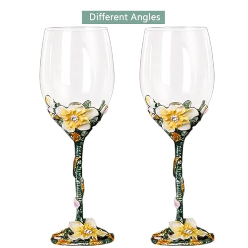 Comeon Flower Wine Glasses Hand Painted Wine Glasses Lemon Yellow 2 Set | Apricot Blossom Enamels Floral Design, Included Gift Box, Transparent Glass, Long Stem Crystal Red Wine Glasses - color: White/ 2 set (gift box)