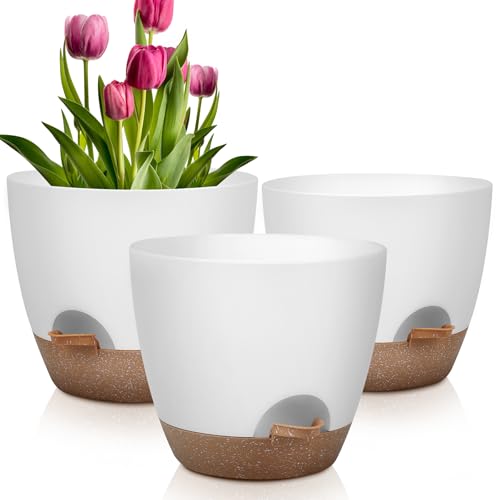 Plant Pots 12/10/9 Inch Self Watering Pots, Set of 3 Plastic Planters with Drainage Holes and Saucers,Plastic Flower Pots,Nursery Planting Pot for Indoor Out Door Plants(White) - color: White, size: 12/10/9 inch