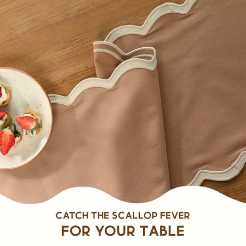 Folkulture Fall Table Runner 90 Inches Long | Brown Scalloped | Table Runner for Dining Table Decor, 100% Cotton, Machine Washable, Party, Farmhouse Decor, Thanksgiving Decorations - size: 14" x 72", style: Sand Dune