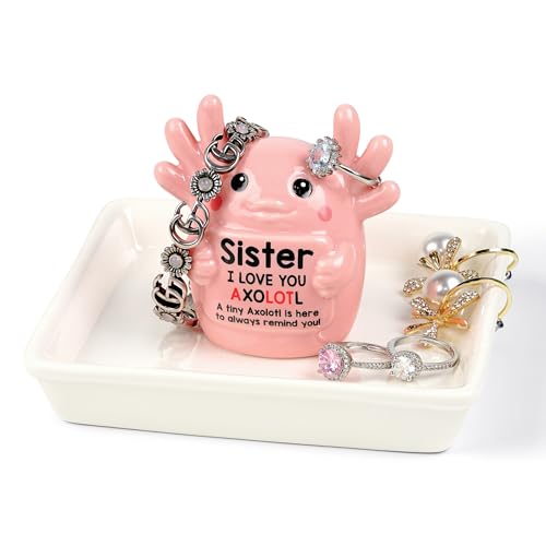 Sister Birthday Gifts for Sister, Pink Ceramic Axolotl Ring Holder Dish | Cute Pink Axolotl Jewlery Tray with 'I love you axolotl' Birthday Christmas Gift for Sister from Brother - style: Axolotl Sister