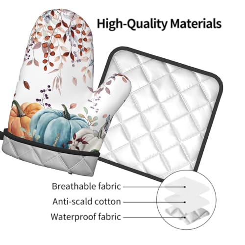 Giwawa Fall Orange Pumpkin Oven Mitt Potholders Sets Eucalyptus Leaves Heat Resistant Oven Glove Set of 2 Kitchen Hot Pads for Cooking Baking BBQ - color: Fall Orange Pumpkin