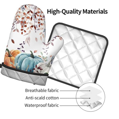 Giwawa Fall Orange Pumpkin Oven Mitt Potholders Sets Eucalyptus Leaves Heat Resistant Oven Glove Set of 2 Kitchen Hot Pads for Cooking Baking BBQ - color: Fall Orange Pumpkin