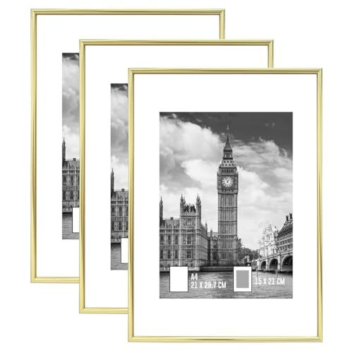 GOmaize Front Loading Aluminum alloy Gold Picture Frame A4 Set of 3 Wall and Table Mounting - color: Gold, size: A4
