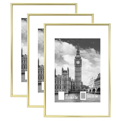 GOmaize Front Loading Aluminum alloy Gold Picture Frame A4 Set of 3 Wall and Table Mounting - color: Gold, size: A4