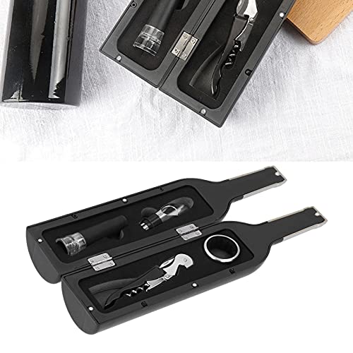 Black Wine Corkscrew Set, Wireless Bottle Opener Kit with Wine Stopper Pourer and Ring, Ergonomic Double - Hinge Cork Extractor in Bottle - Shaped Gift Box for Home Bar