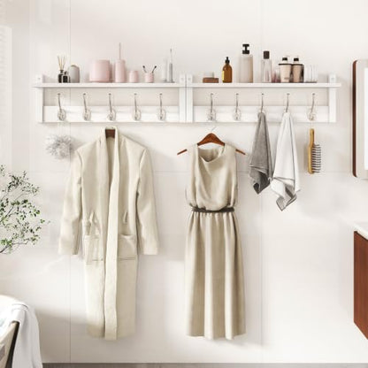 YMYNY 47.2" Coat Rack Wall Mount with Shelf and 10 Hooks, White UHWS004W-2 | 2 Pack Coat Hooks Wall Mount, Wood Wall Mounted Coat Rack with Hooks, Coat Hanger Wall Mount, Wall Hooks for Hanging - color: White