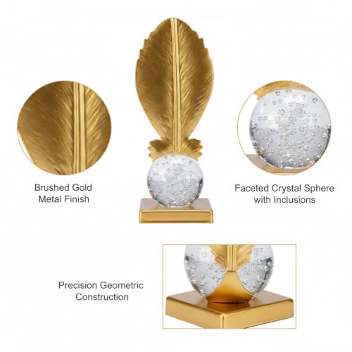 for Shelf, Desk, or Console Table Display: Modern Geometric Metal Leaf and Crystal Ball Sculpture Accent (1 PC) - size: 3.27 x 3.27 x 6.46 in