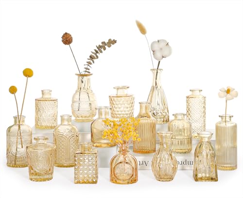 SUPMIND 16Pcs Amber Bud Vases Set, Small Glass Vases Bulk for Centerpieces | Mini Vintage Flower Vases for Wedding, Home Decor, Autumn Fall Decoration - Gold Amber - color: Goldamber