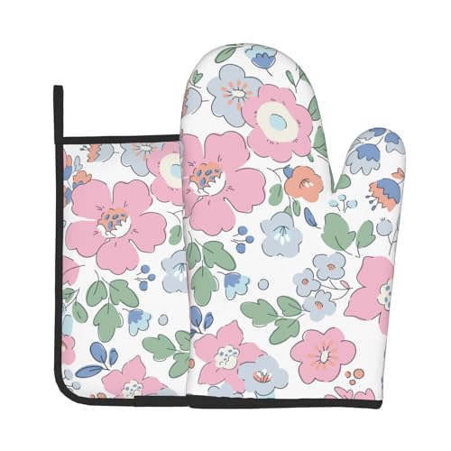 Pink Floral Oven Mitts and Pot Holder Set of 2 Watercolor Flower Heat Resistant BBQ Gloves Hot Pads for Kitchen Baking Cooking Microwave - color: Pink Floral