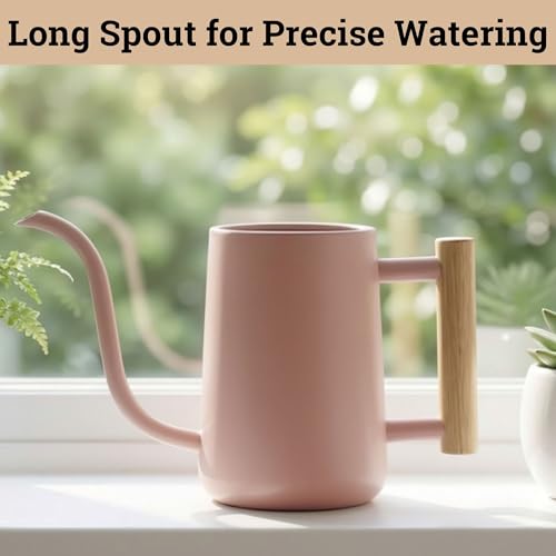Metal Small Indoor Watering Can with Long Spout & Real Wood Handle, 35oz | Long Spout, Stainless Steel, Real Wood Handle, Gentle Flow, No Spills, Suitable for House Plants, Succulents & Seedlings - color: Pink
