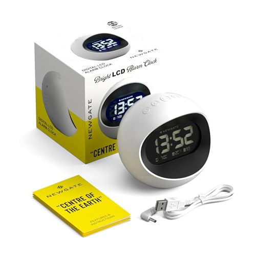 NEWGATE® Centre of the Earth Alarm Clock | Round Retro Digital LCD Clock | White | Ideal for Bedside, Desk or Shelf | Retro Bedroom & Office Accessory - color: White