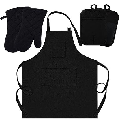 Oven Mitts and Pot Holders with Cooking Apron Set of 5, Heat Resistant Kitchen Gloves and Silicone Non-Slip Potholders, Adjustable Neck Buckle Chef Apron, Cotton Nice Design for Cooking (Black)… - color: Black