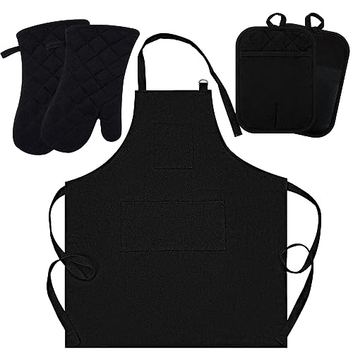 Oven Mitts and Pot Holders with Cooking Apron Set of 5, Heat Resistant Kitchen Gloves and Silicone Non-Slip Potholders, Adjustable Neck Buckle Chef Apron, Cotton Nice Design for Cooking (Black)… - color: Black