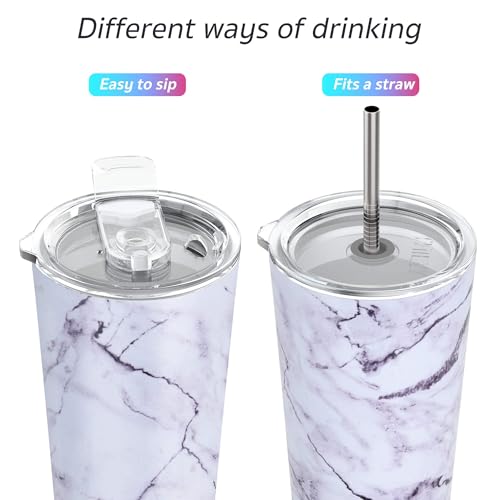 THILY Stainless Steel Vacuum Insulated Tumbler Travel Mug 26 oz Coffee Cup with 2 Lids and Straws, Splash Proof, Keep Ice Drinks Cold, White Marble - color: White Marble, size: 26 Ounce (Pack of 1)