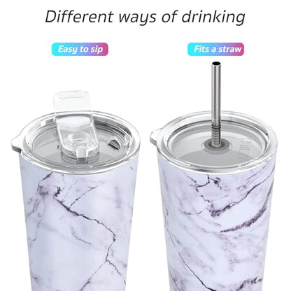 THILY Stainless Steel Vacuum Insulated Tumbler Travel Mug 26 oz Coffee Cup with 2 Lids and Straws, Splash Proof, Keep Ice Drinks Cold, White Marble - color: White Marble, size: 26 Ounce (Pack of 1)