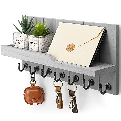 Rebee Vision Key Holder Wall Mount with 7 Hooks & Shelf for Entryway, Gray | Key Holder for Wall, Floating Shelf, Mail Organizer, Rustic Key Rack, Home Essentials for Home Improvement - color: Gray, size: 15 inches