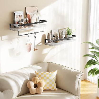 Amada Bathroom Shelves with Towel Bar, Set of 2, White | Floating Shelves with Detachable Towel Bar, Protective Metal Guards, Paulownia Wood, Bathroom, Living Room & Kitchen Storage - color: White