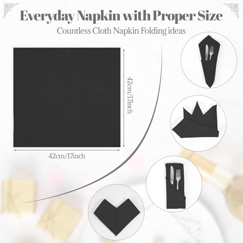 PLOYMONO Black Cloth Napkins - 8 Pack 17" x 17" Washable Polyester Napkins | Heavy Duty 180 GSM Cloth Napkins with Hemmed Edges - Great for Restaurants, Weddings, Parties, Banquets Dinner - color: Black